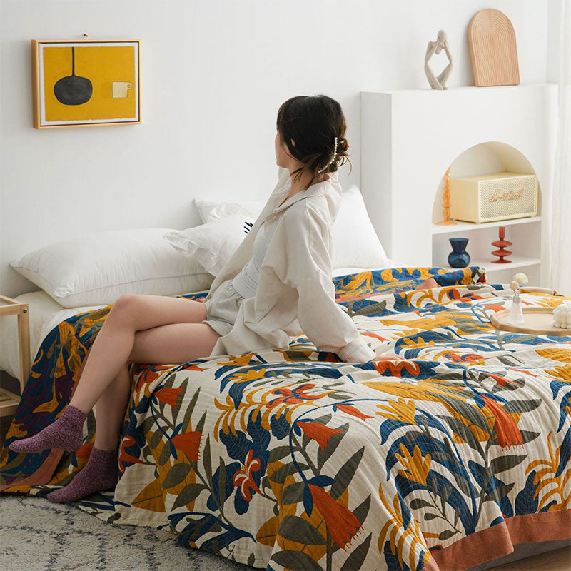 Goldenrod Floral Cotton Quilt for Bed and Sofa Styling