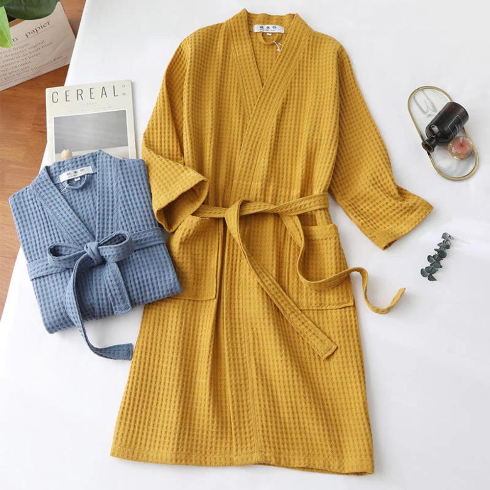 Waffle V Neck Cotton Bathrobe Soft Lightweight Robe