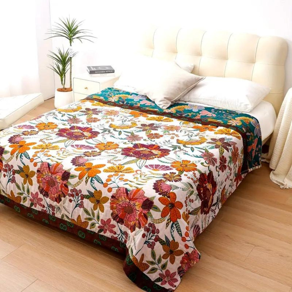 Reversible Cotton Floral Throw Blanket for Sofa or Bed