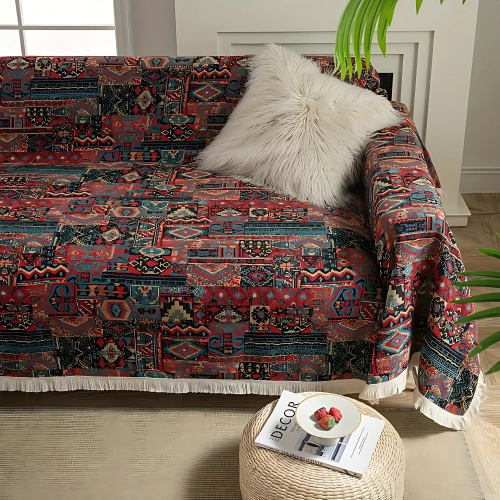 Casablanca Bohemian Chenille Sofa Cover with Tassel Detail