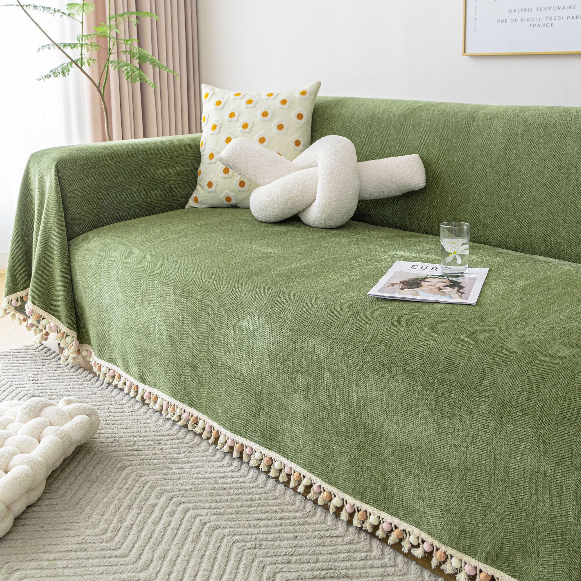 Herringbone Tassel Chenille Sofa Cover for Pet Friendly Homes