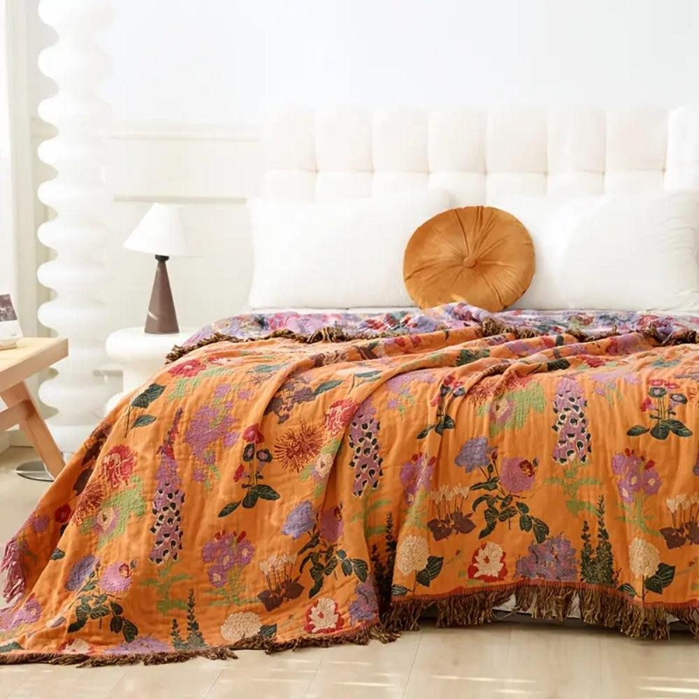 Reversible Cotton Floral Tassel Throw Blanket for Sofa Bed