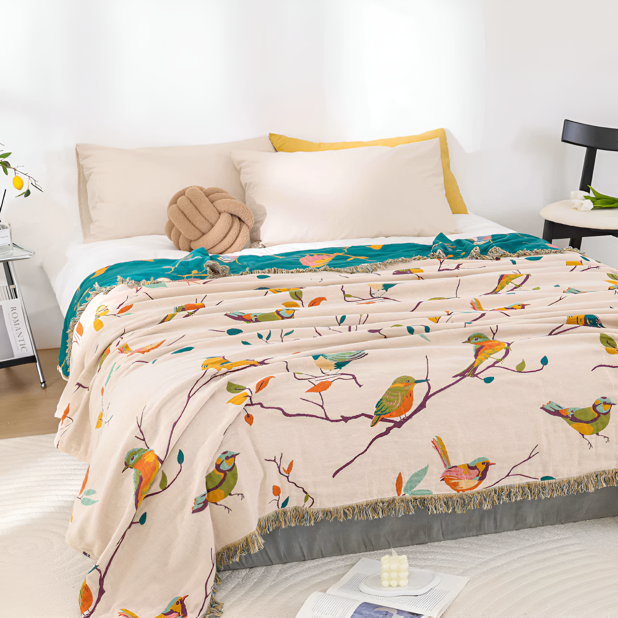 Cotton Bird Pattern Throw Blanket for Sofa Bed or Lounge
