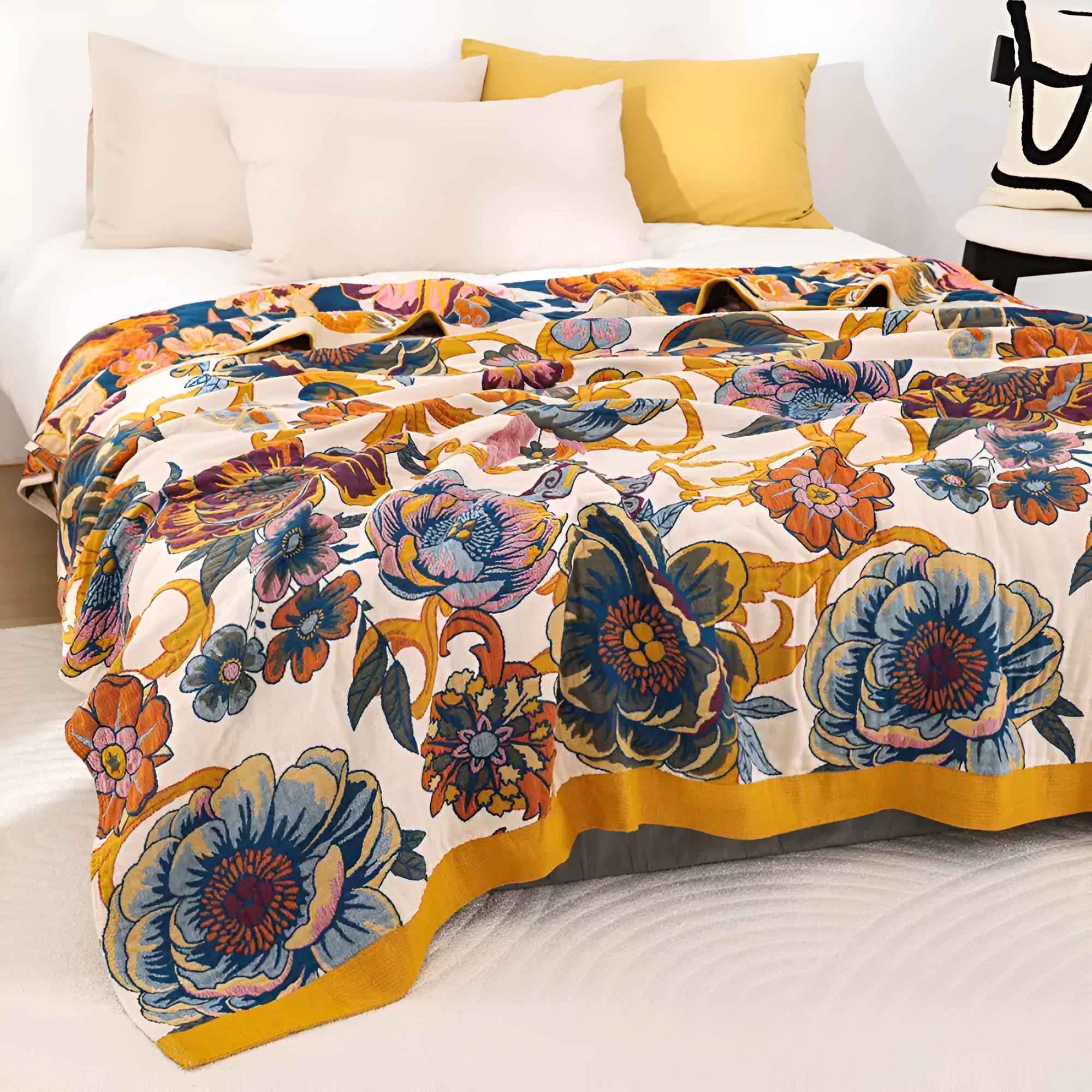 Reversible Cotton Floral Blanket for Layered Home Styling