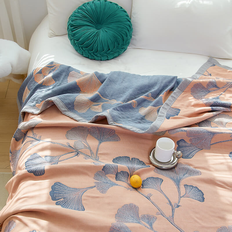 Reversible Ginkgo Leaf Cotton Gauze Quilt for Bed and Sofa Use