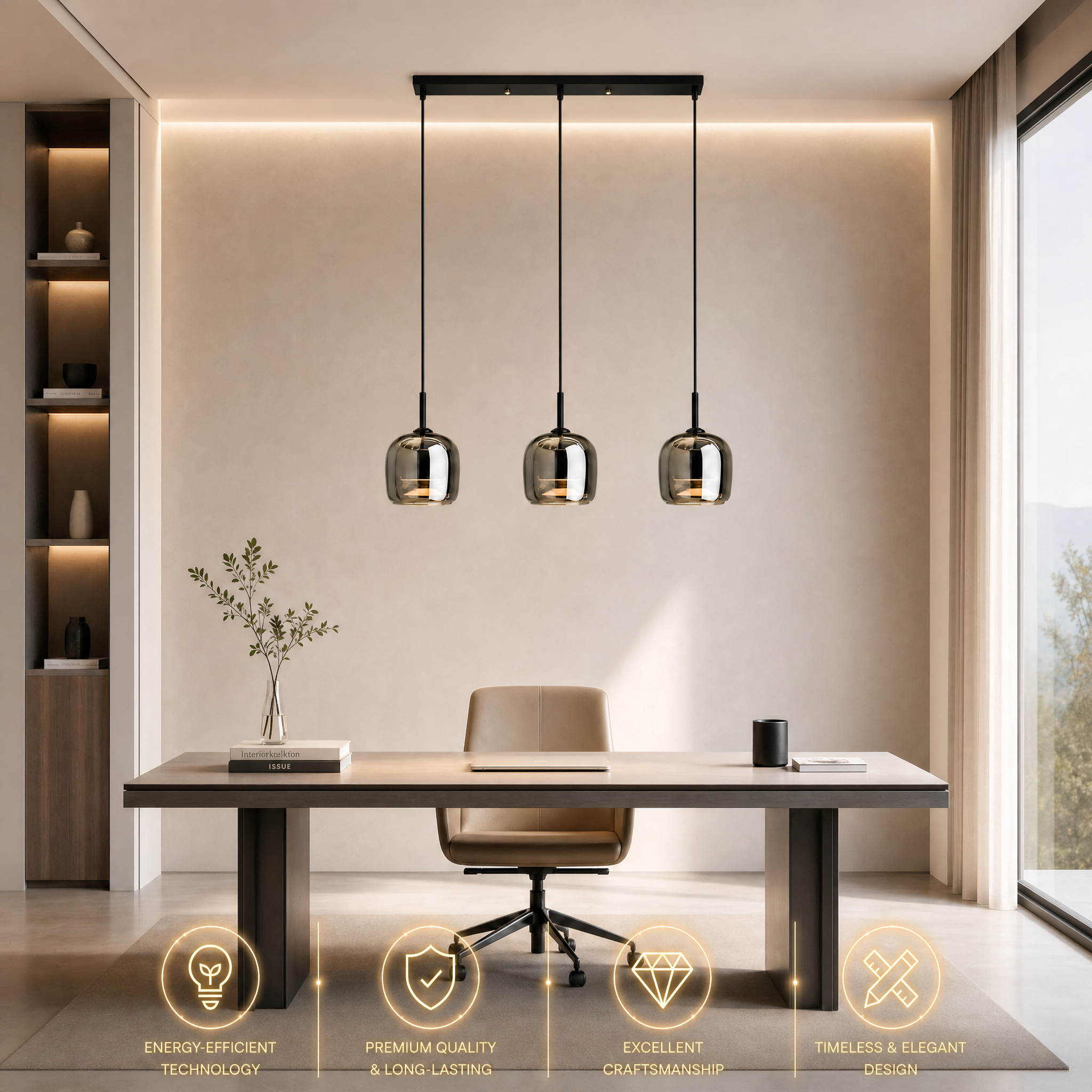 Three-head moon glass pendant light over a kitchen island