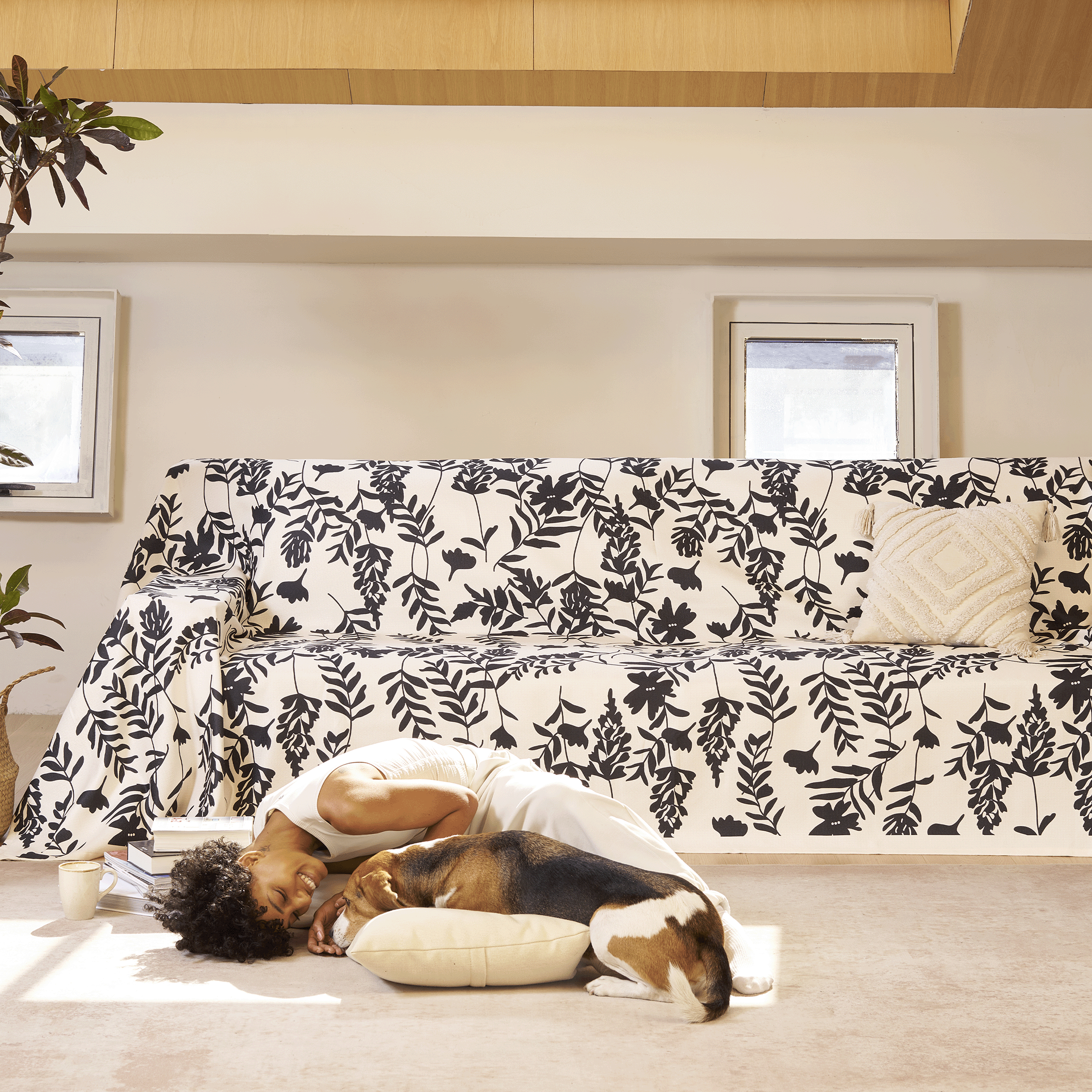 Botanical Jacquard Sofa Cover in Soft Woven Fabric