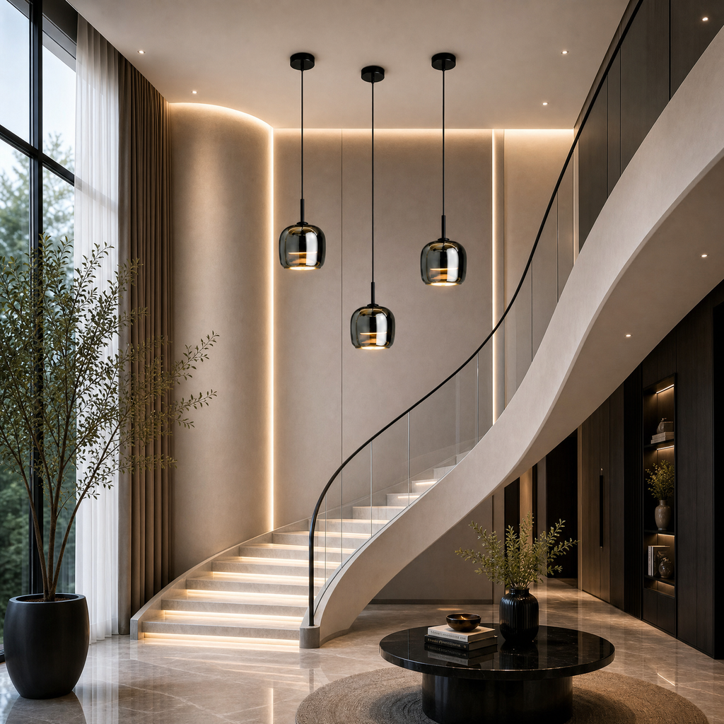 Moon glass pendant light casting a soft ambient glow in a hallway