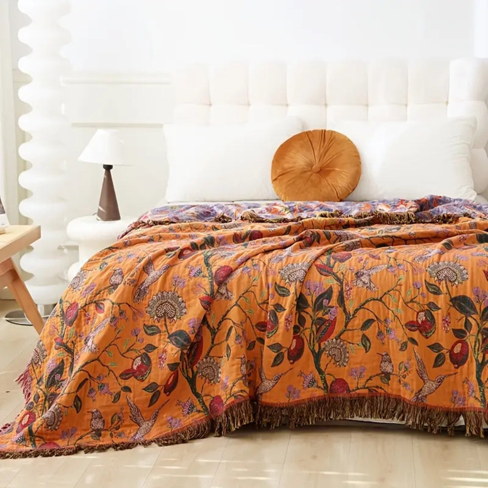 Reversible Cotton Floral Tassel Throw Blanket for Sofa Bed