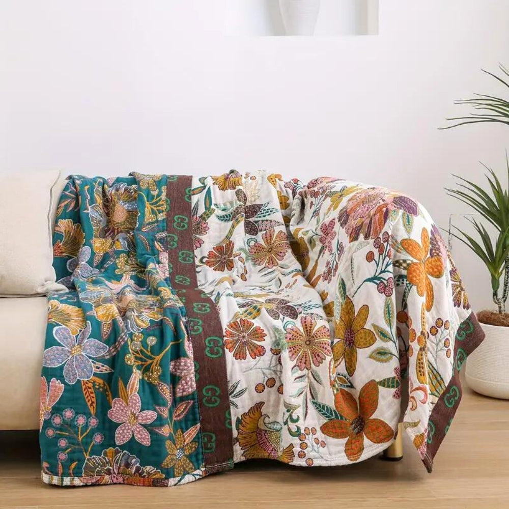 Reversible Cotton Floral Throw Blanket for Sofa or Bed