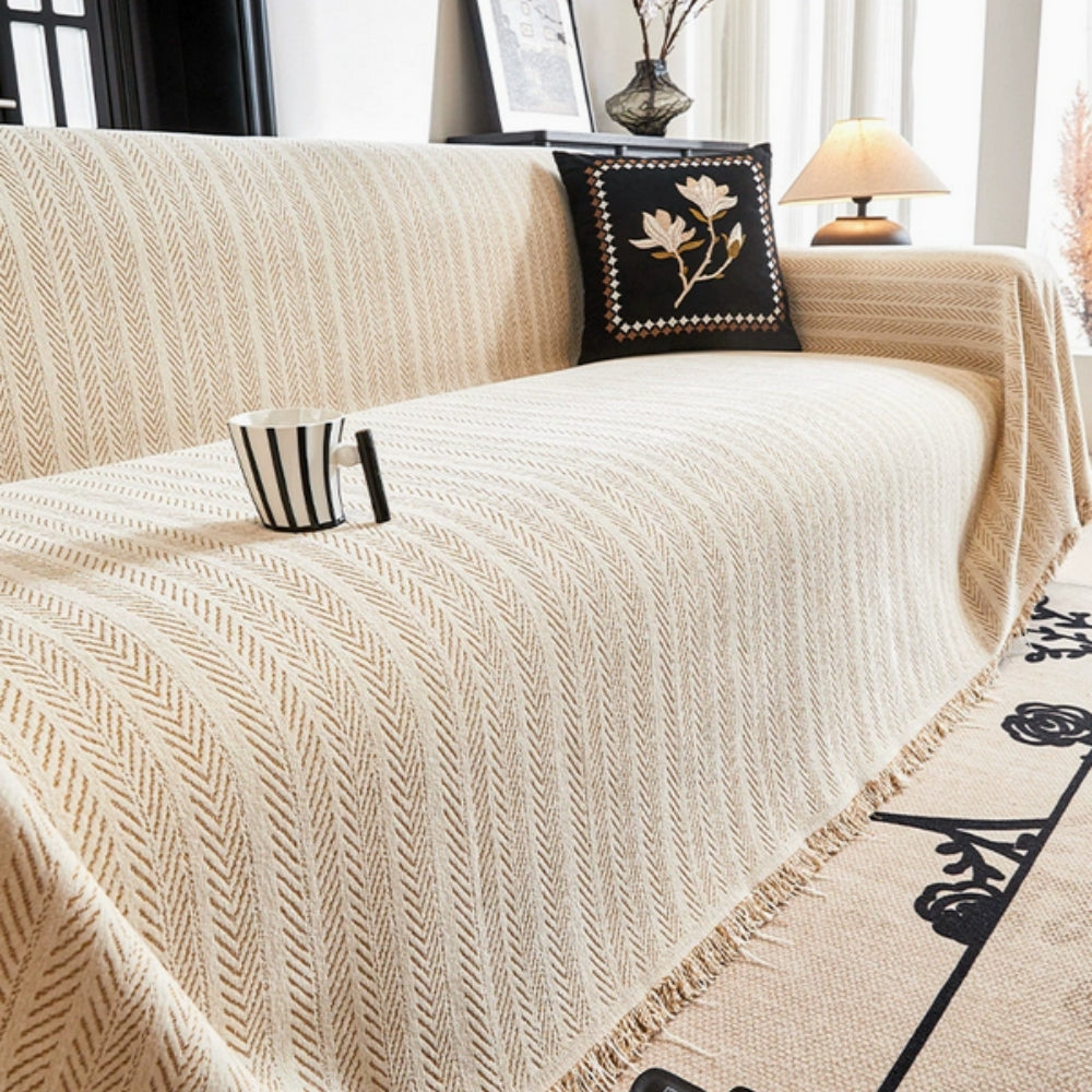 Chenille Herringbone Sofa Cover with Decorative Tassel Edges