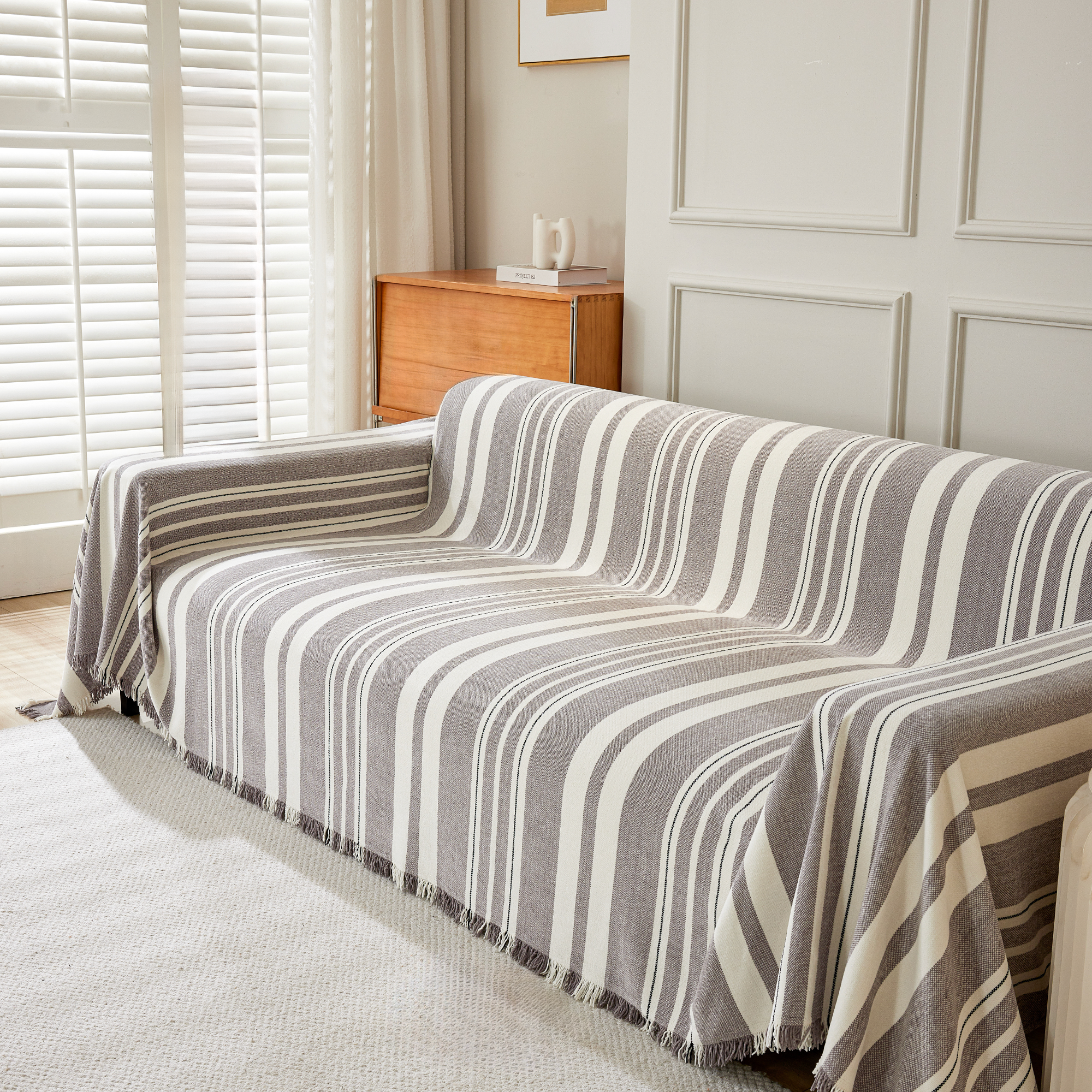 Classic Striped Chenille Sofa Cover in Soft Woven Fabric