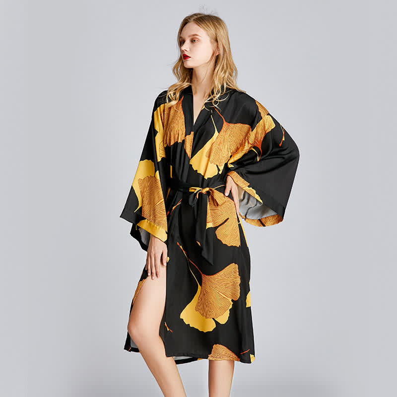 Lightweight V Neck Robe with Ginkgo Pattern for Lounge Wear