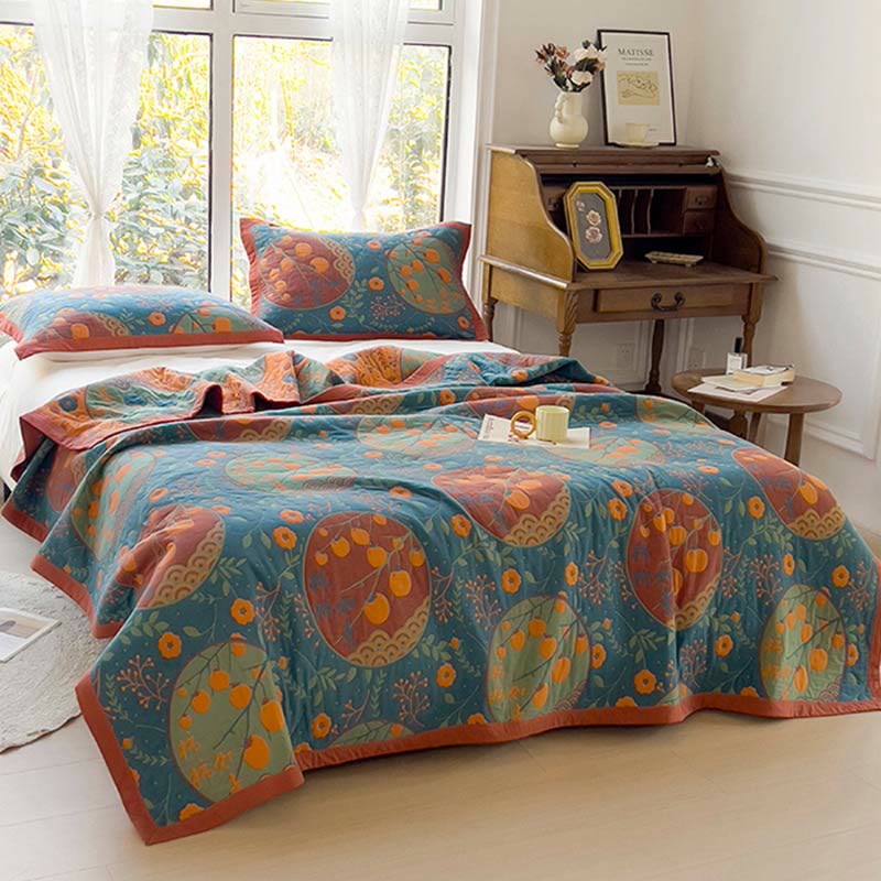 Reversible Persimmon Flower Cotton Quilt for Bed and Sofa Use