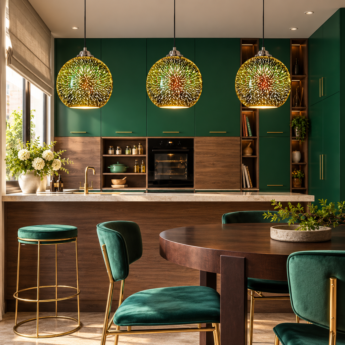 Three gold 3D fireworks pendant lights above a dining table in a green kitchen