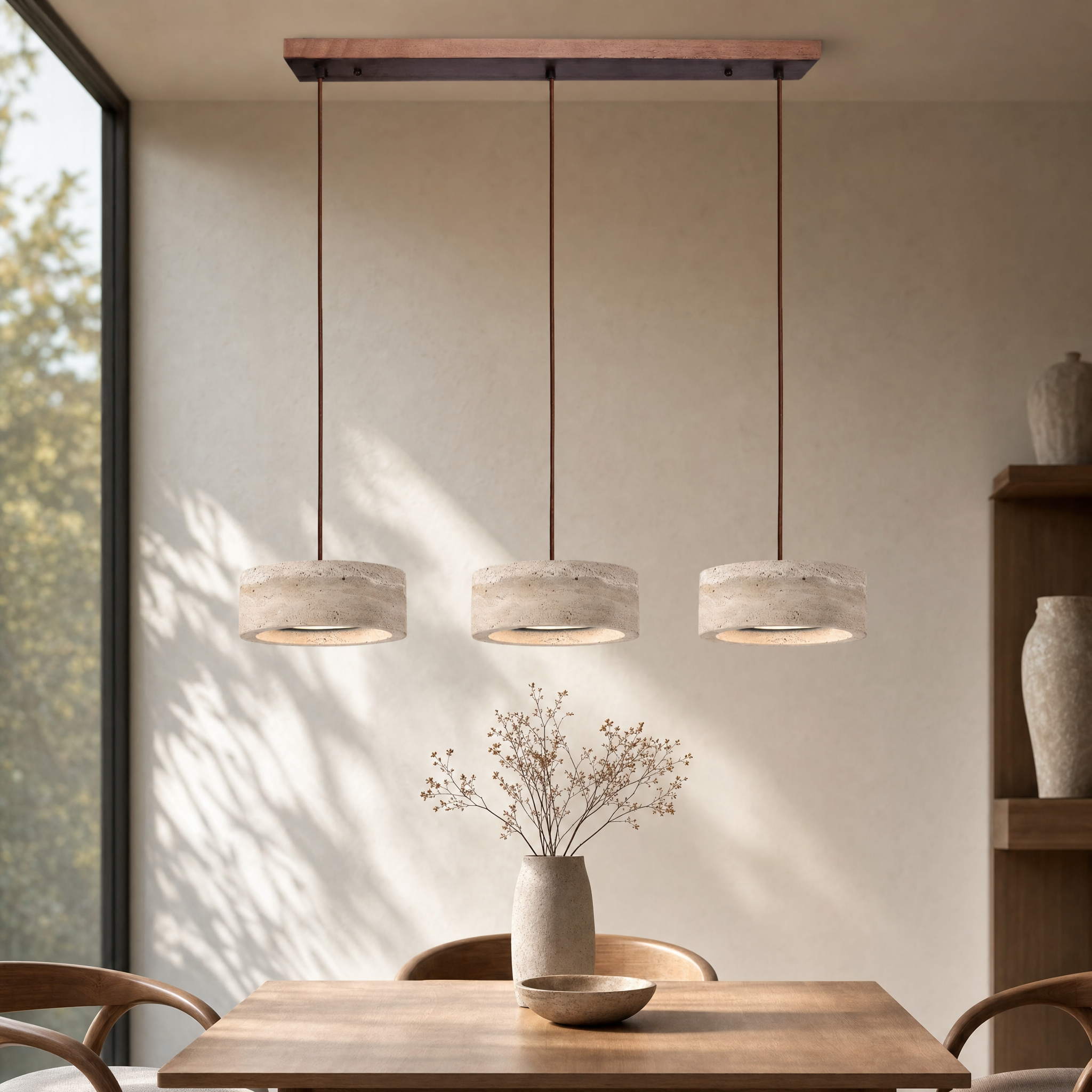 Travertine stone pendant light glowing warm white above a dining table