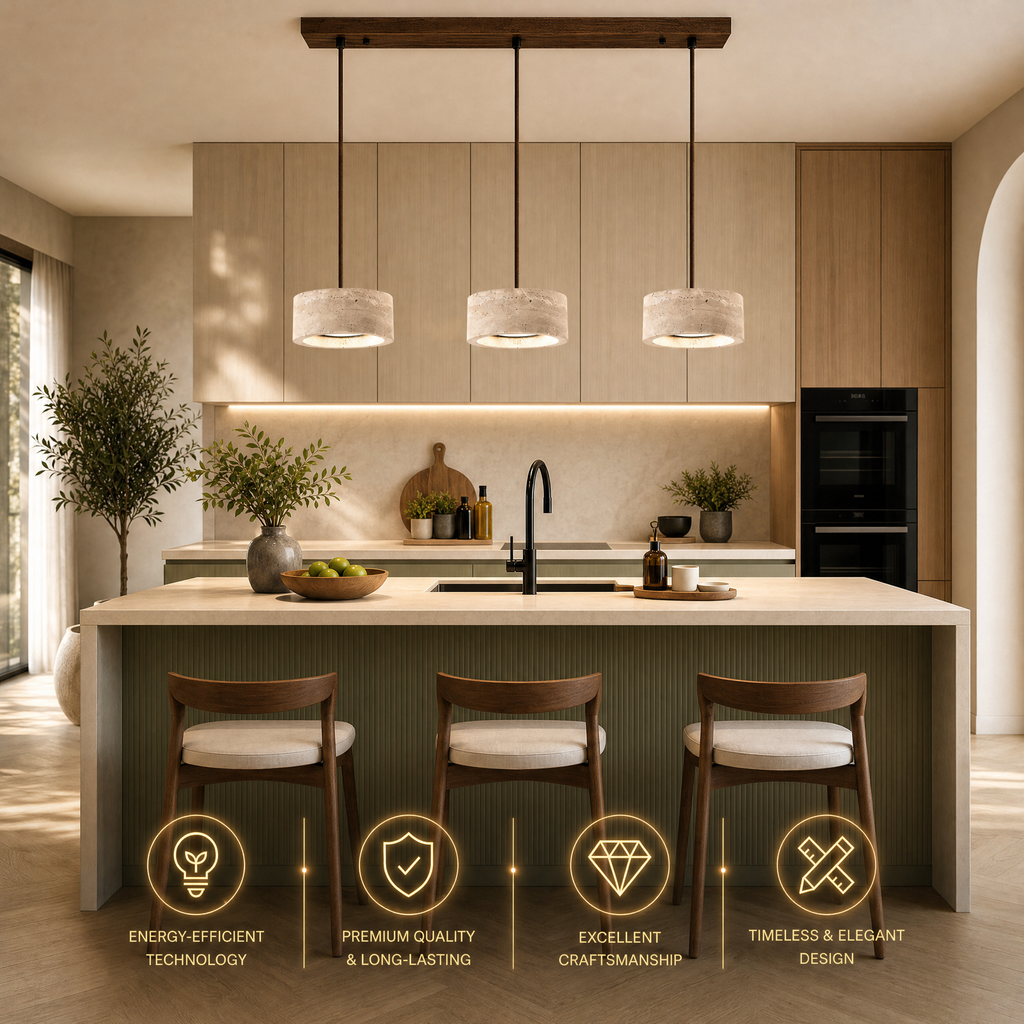 Travertine pendant light with natural wood ceiling plate over a kitchen island