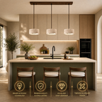 Travertine pendant light with natural wood ceiling plate over a kitchen island