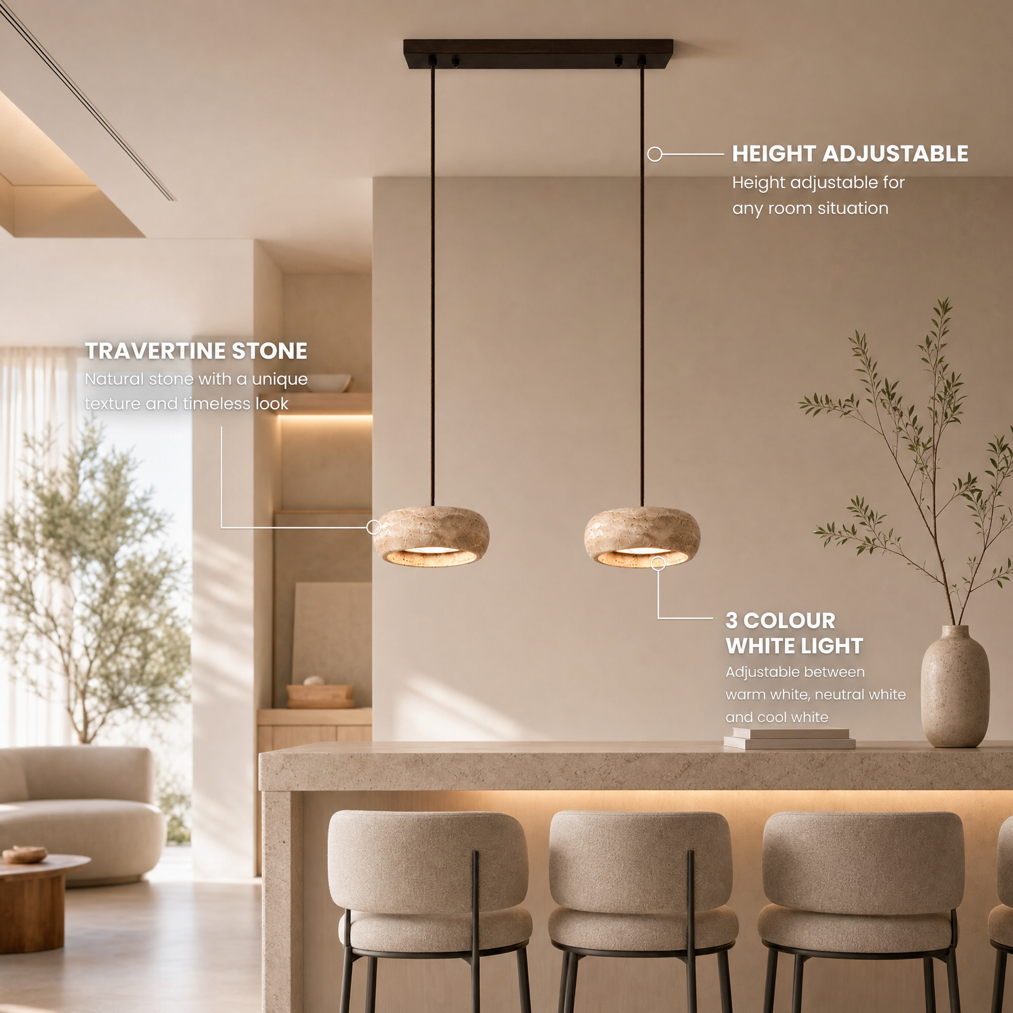 Travertine pendant light key features: dimmable LED and adjustable color