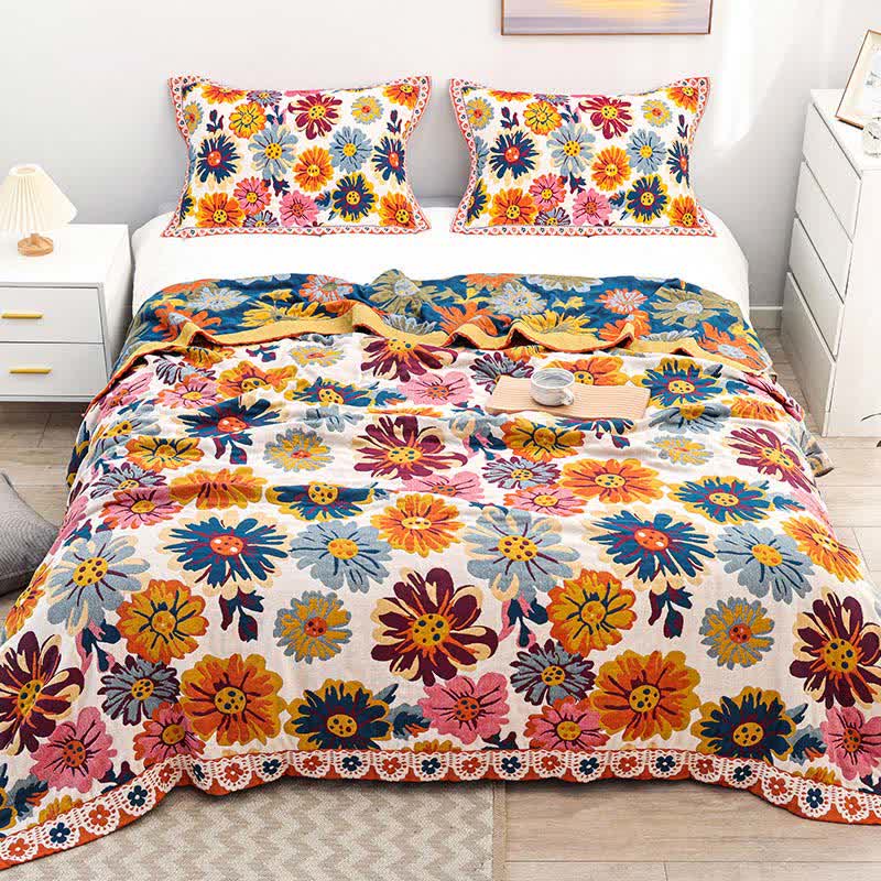 Colorful Floral Cotton Quilt with Reversible Woven Finish