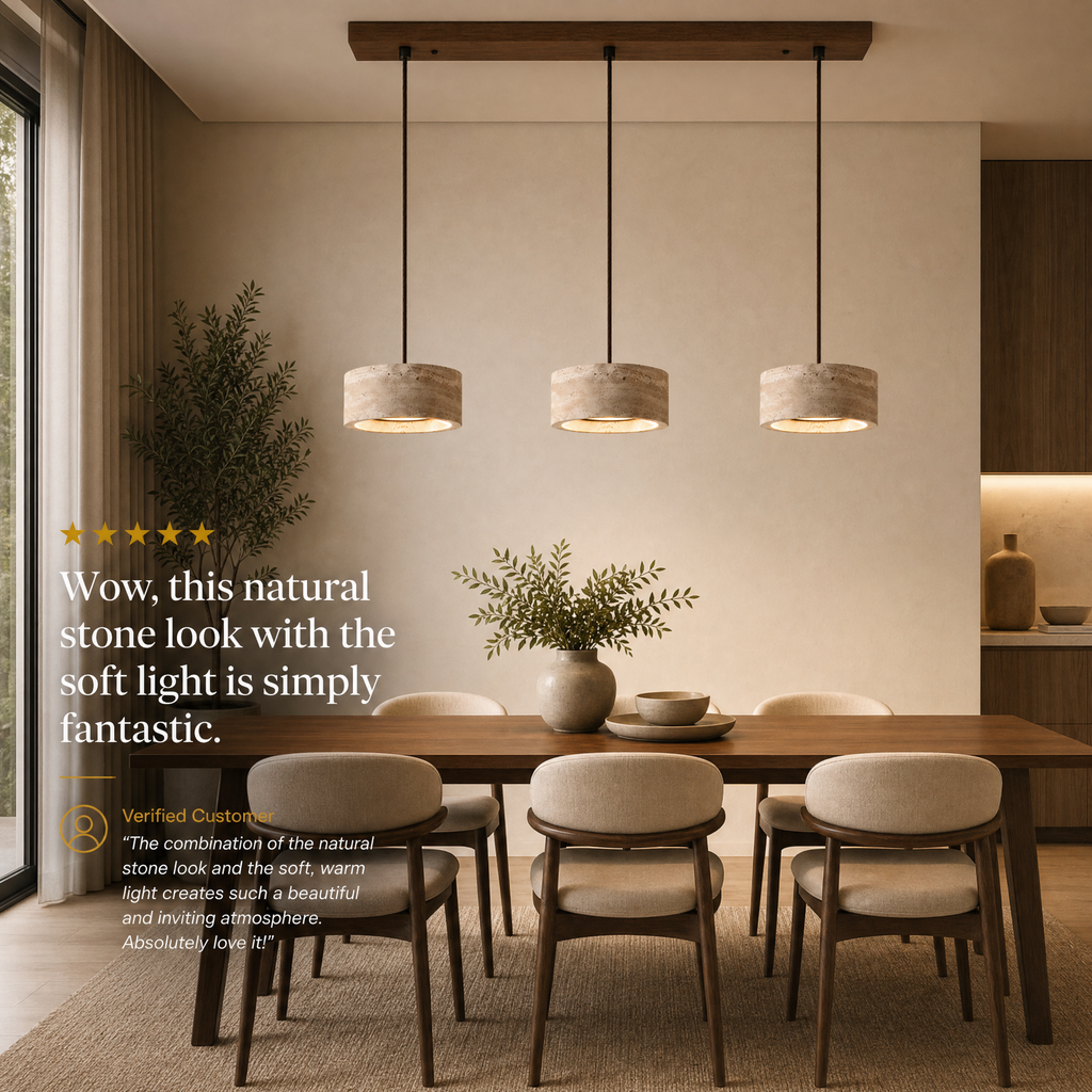 Close-up of the natural travertine stone pendant shade