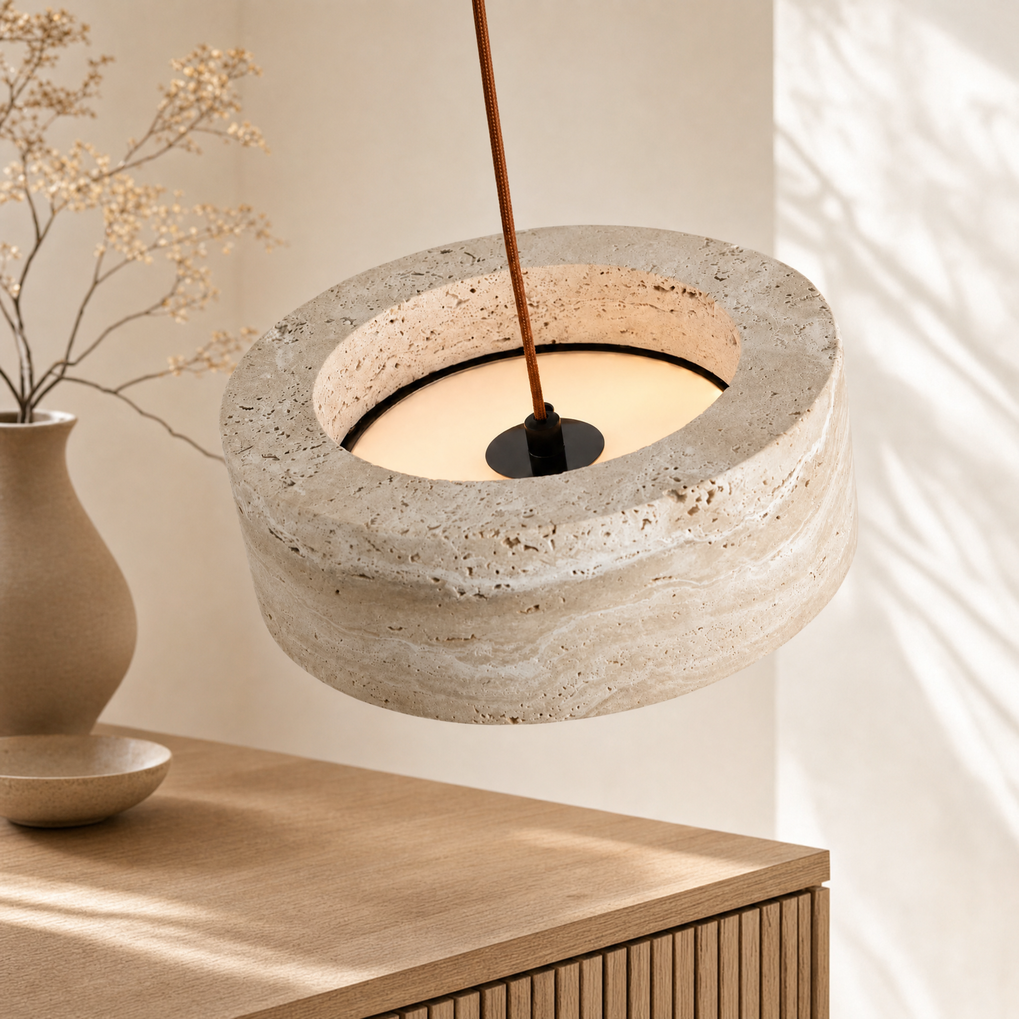 Travertine pendant light with natural wood detail close-up
