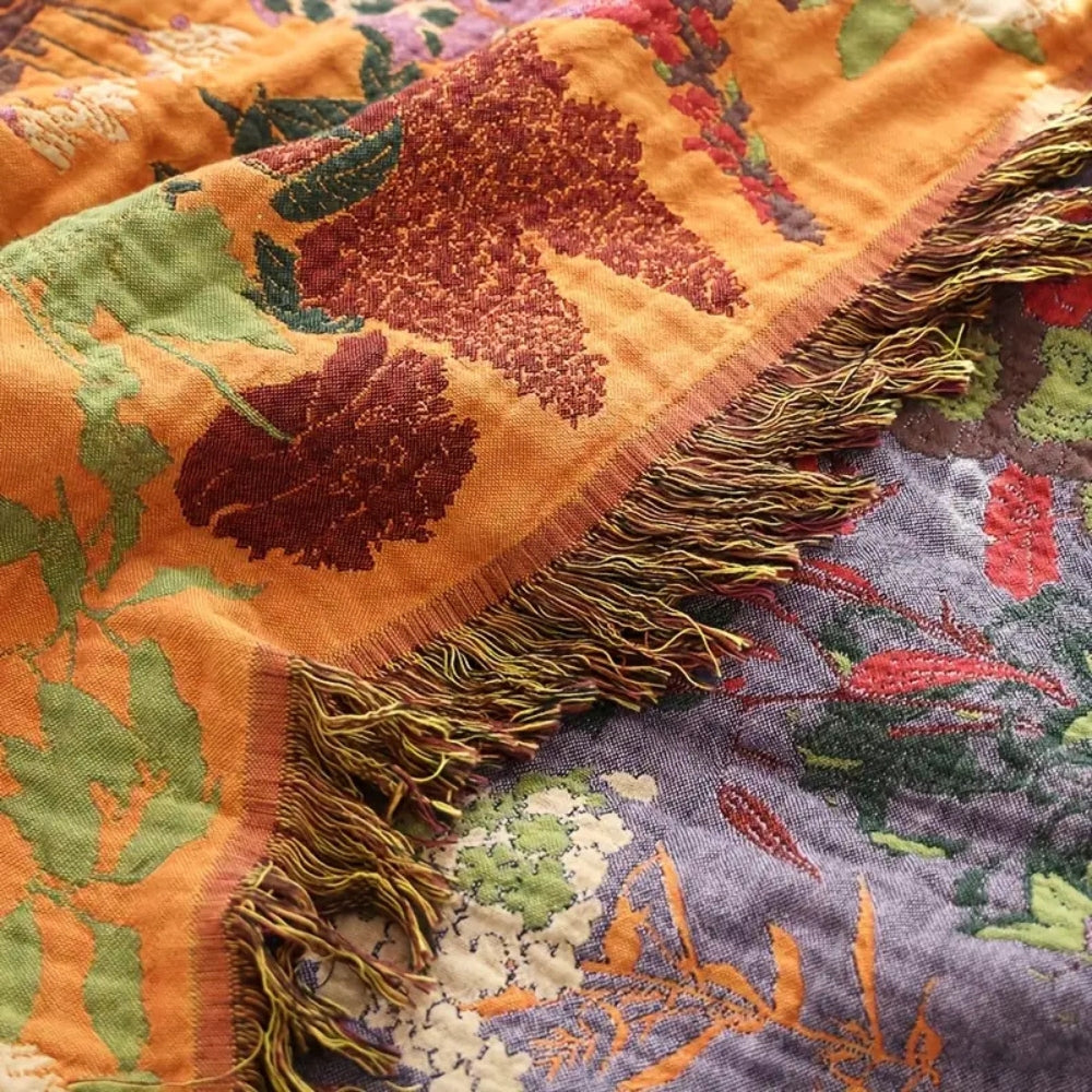 Reversible Cotton Floral Tassel Throw Blanket for Sofa Bed