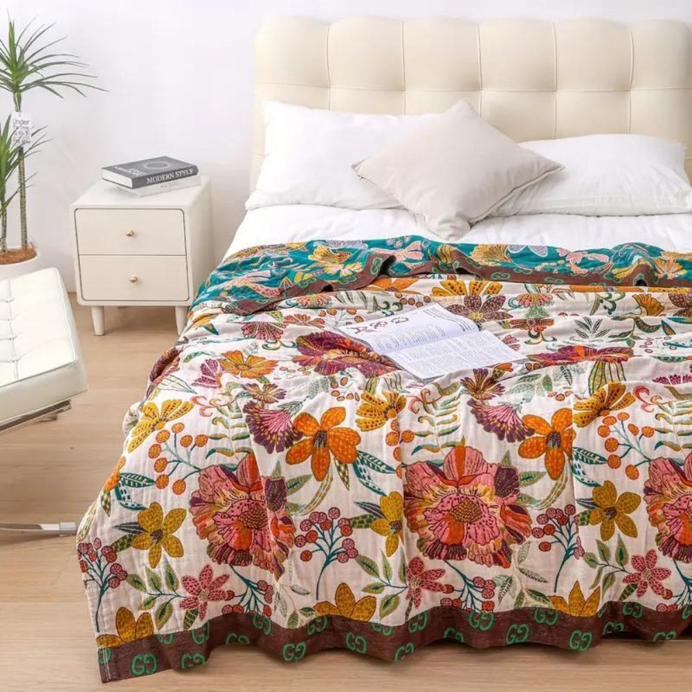 Reversible Cotton Floral Throw Blanket for Sofa or Bed