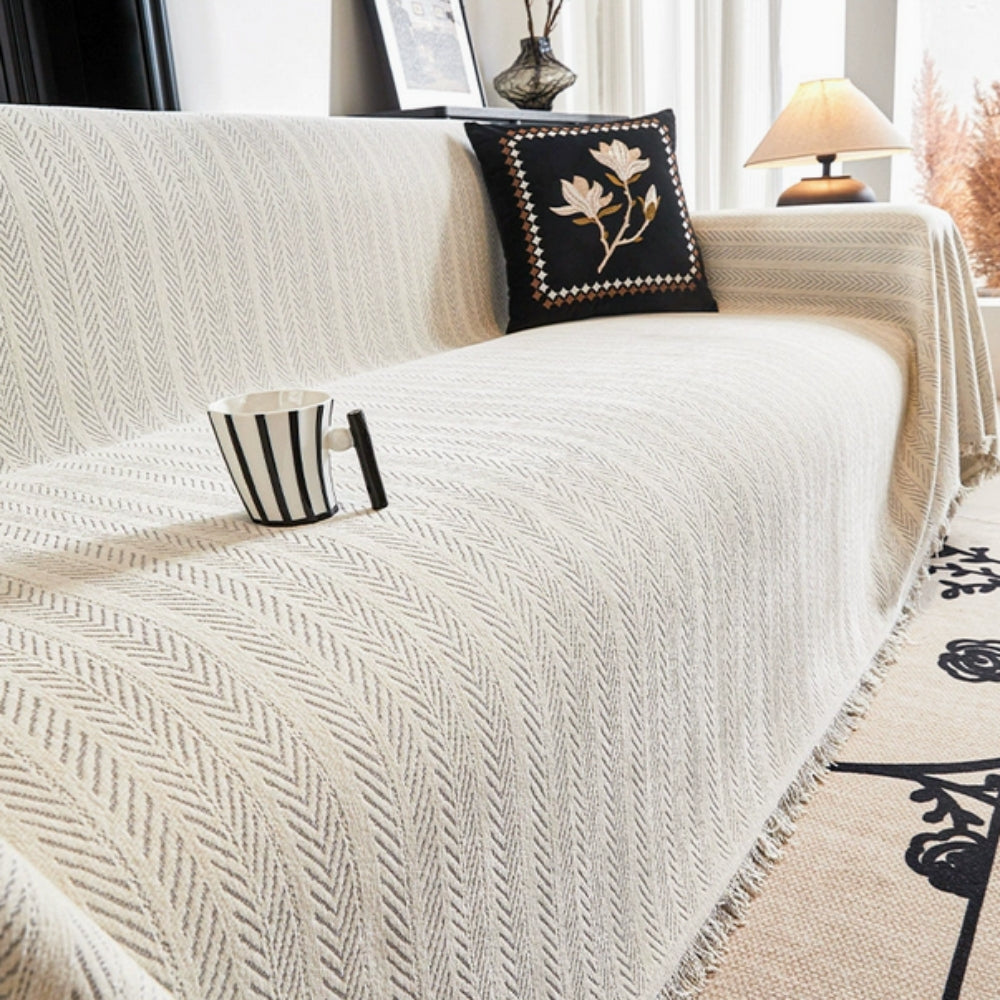Chenille Herringbone Sofa Cover with Decorative Tassel Edges