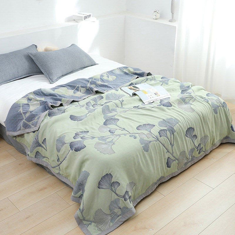Reversible Ginkgo Leaf Cotton Gauze Quilt for Bed and Sofa Use