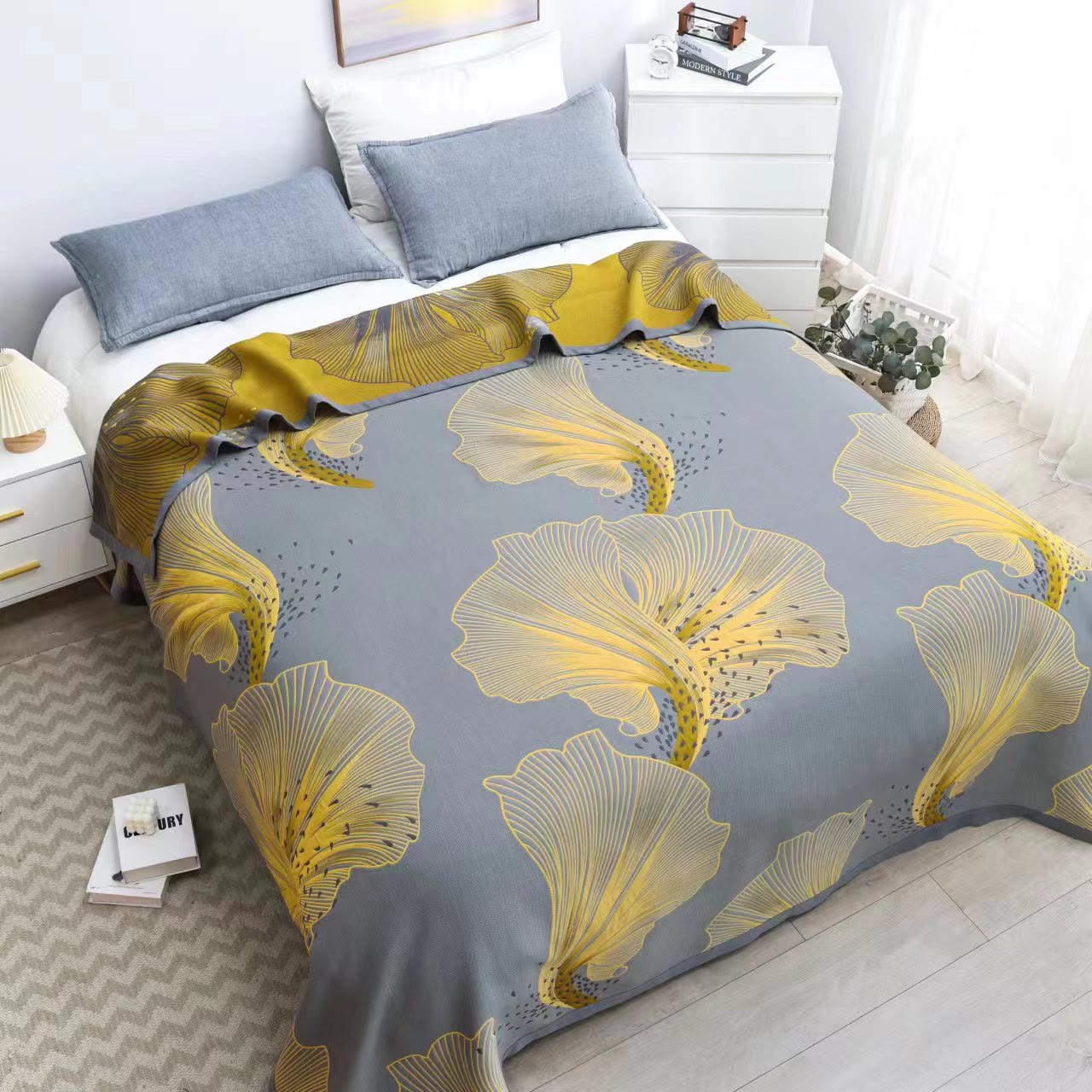 Reversible Cotton Leaf Print Quilt for Bed and Sofa Layering