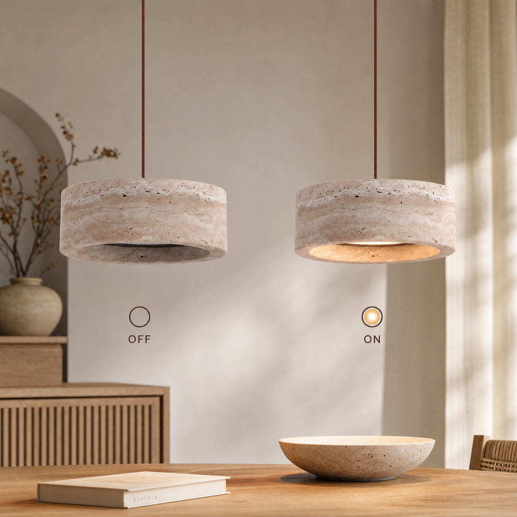 Travertine pendant light styled above a kitchen island