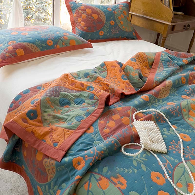 Reversible Persimmon Flower Cotton Quilt for Bed and Sofa Use