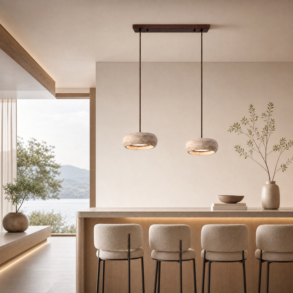 Travertine pendant light with remote-adjustable color temperature