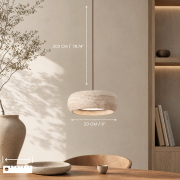 Natural travertine and wood pendant light in a modern interior