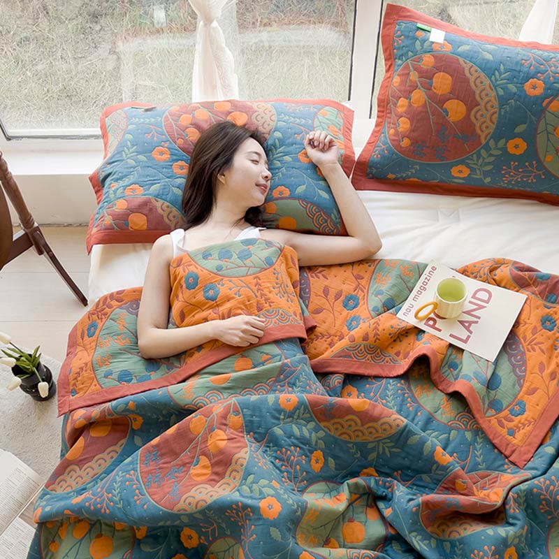 Reversible Persimmon Flower Cotton Quilt for Bed and Sofa Use