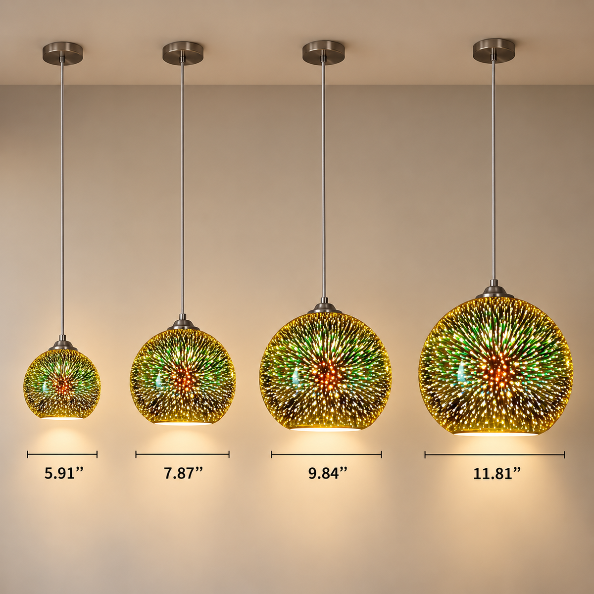 3D fireworks pendant light sizes: 5.91, 7.87, 9.84 and 11.81 inches