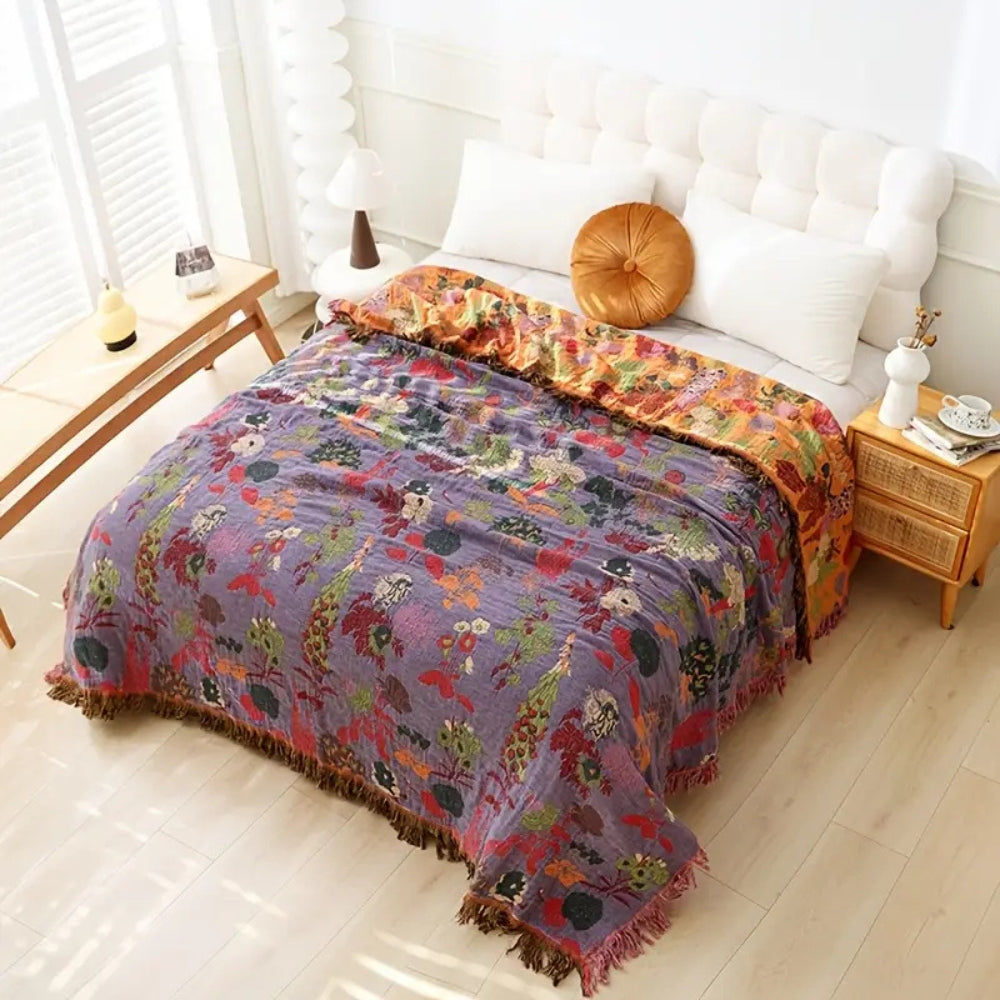 Reversible Cotton Floral Tassel Throw Blanket for Sofa Bed