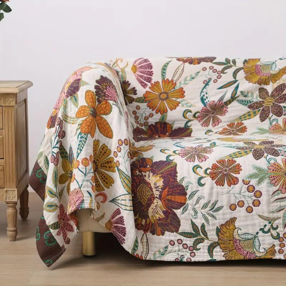 Reversible Cotton Floral Throw Blanket for Sofa or Bed