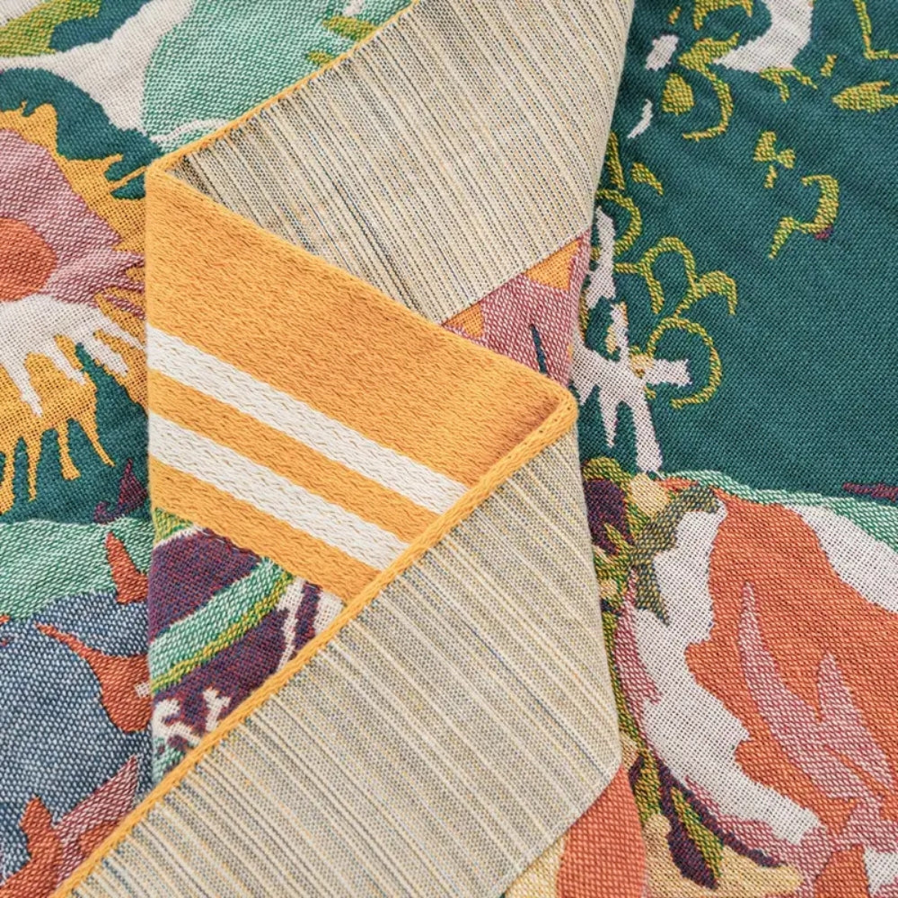 Reversible Cotton Jacquard Floral Throw Blanket for Bed or Sofa