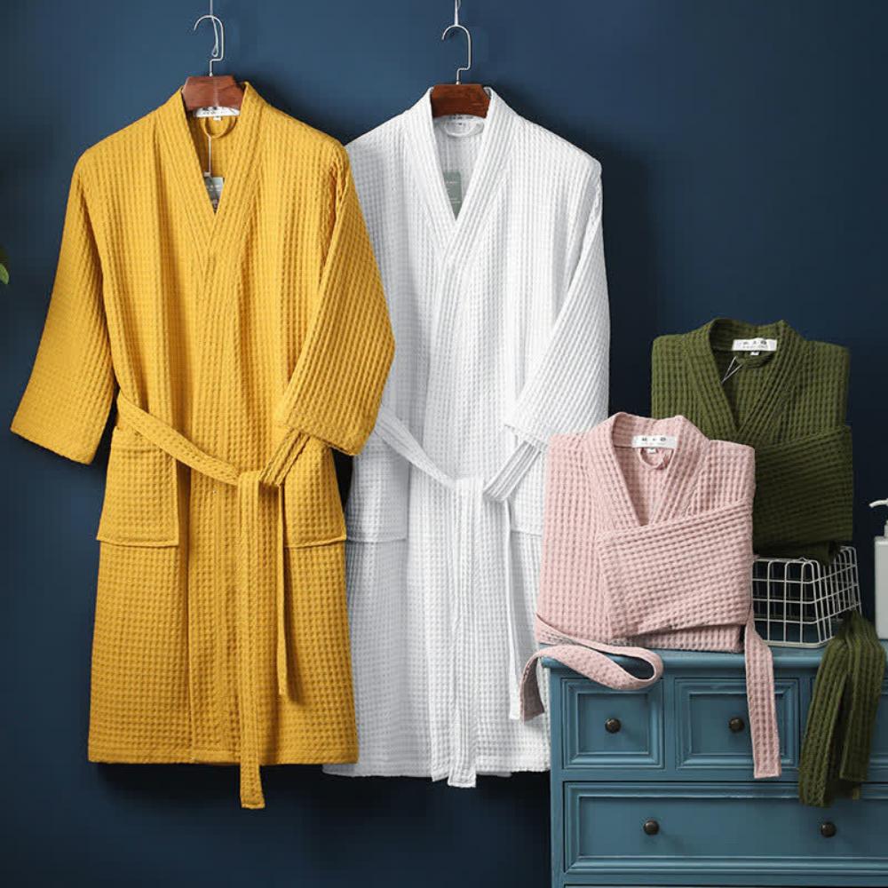 Waffle V Neck Cotton Bathrobe Soft Lightweight Robe