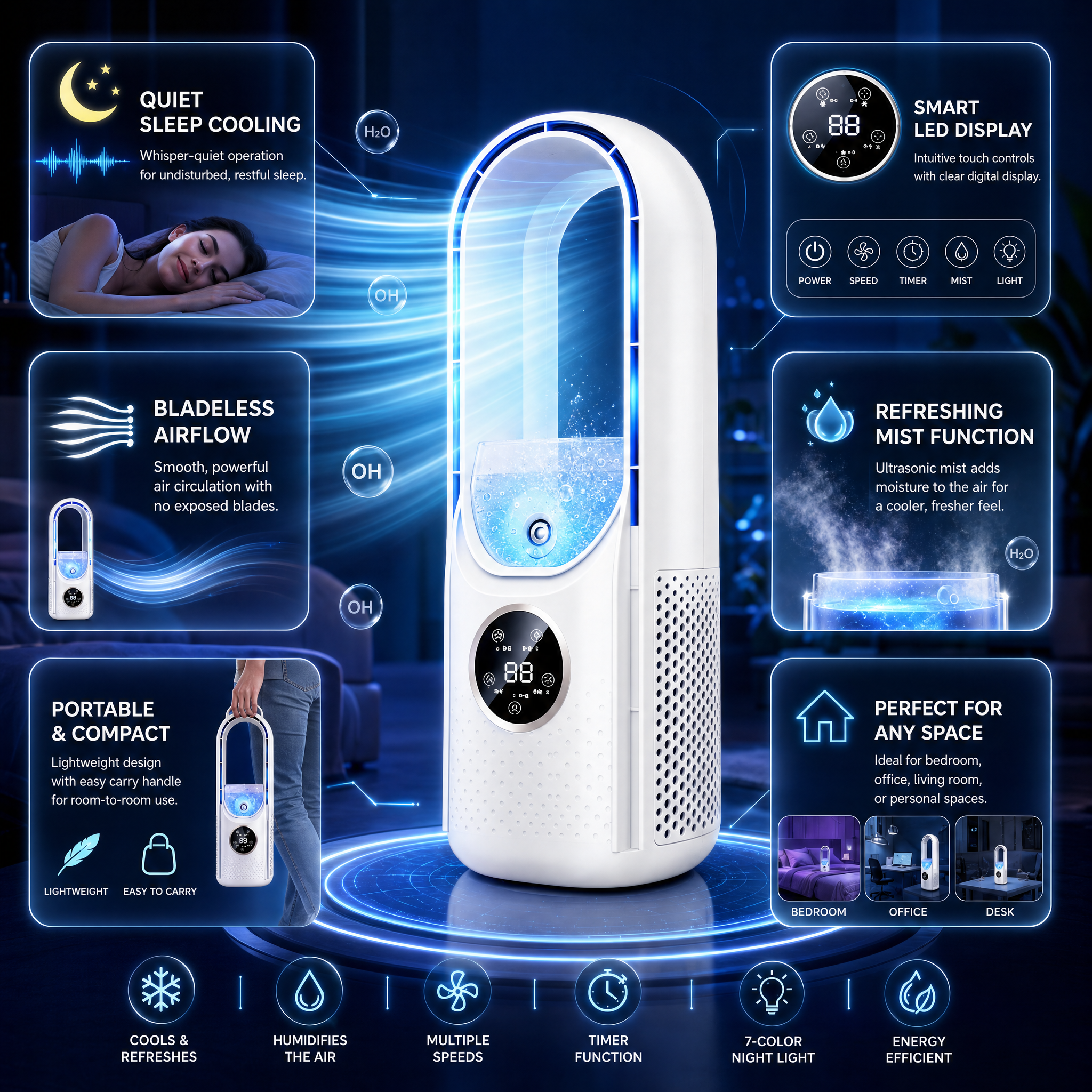 Bladeless Portable Air Conditioner, Quiet, Bedroom & Office
