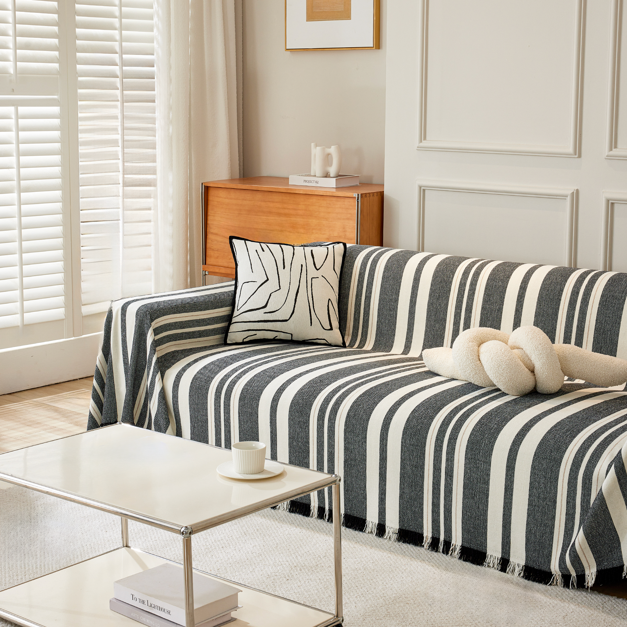 Classic Striped Chenille Sofa Cover in Soft Woven Fabric