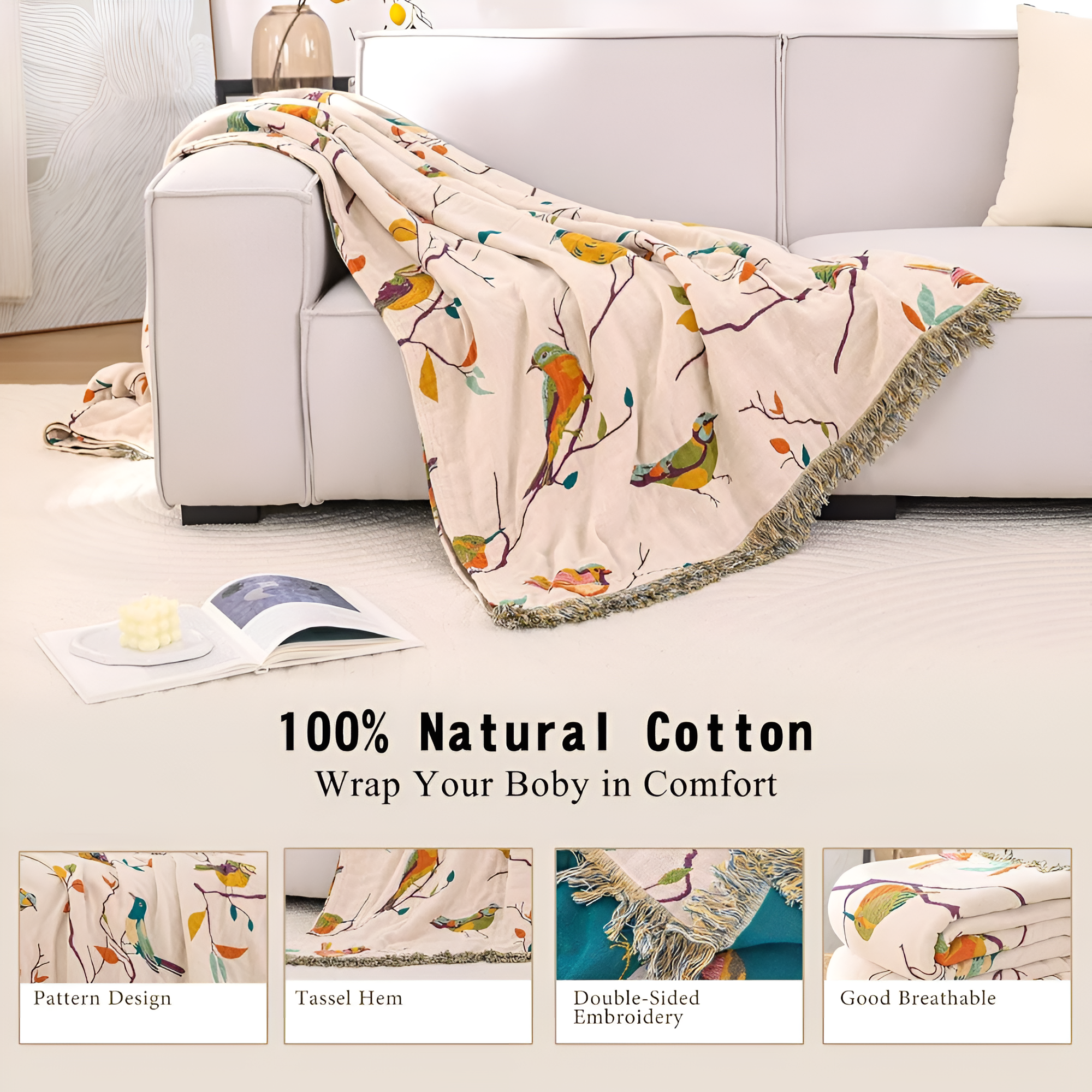 Cotton Bird Pattern Throw Blanket for Sofa Bed or Lounge