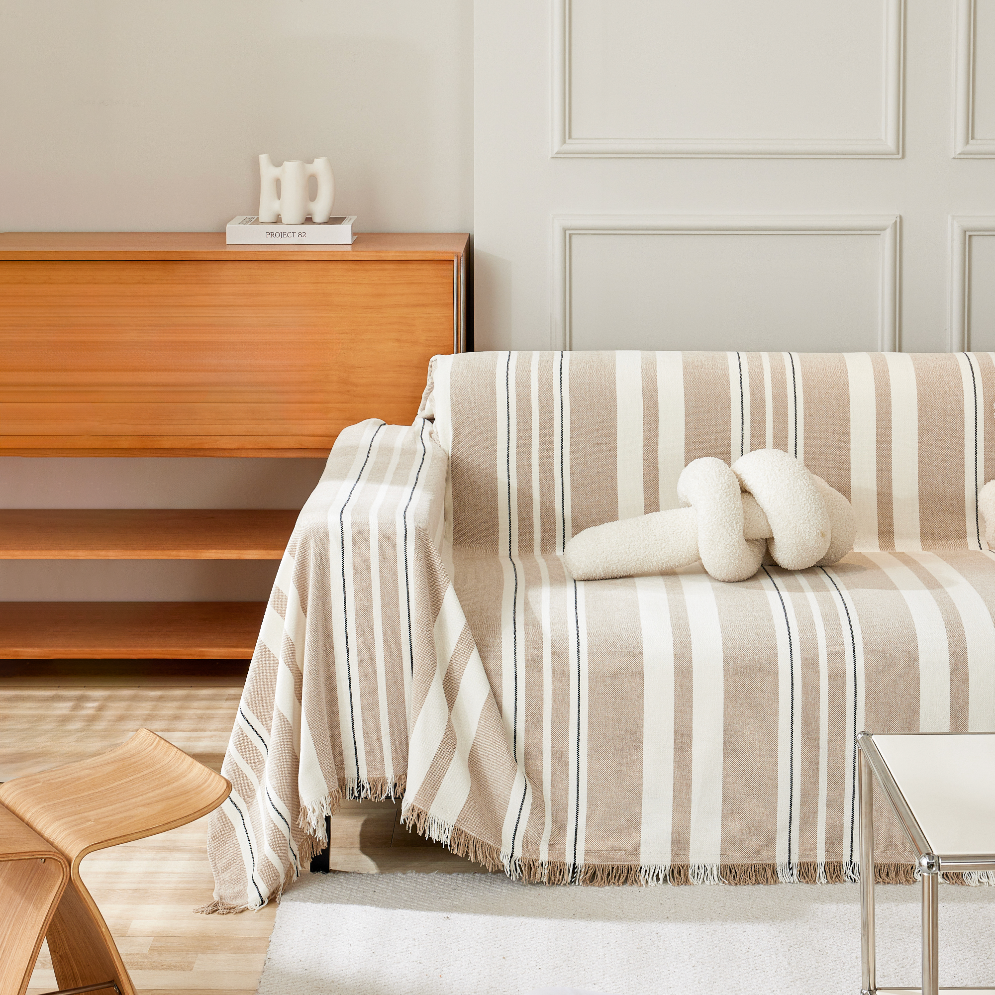 Classic Striped Chenille Sofa Cover in Soft Woven Fabric