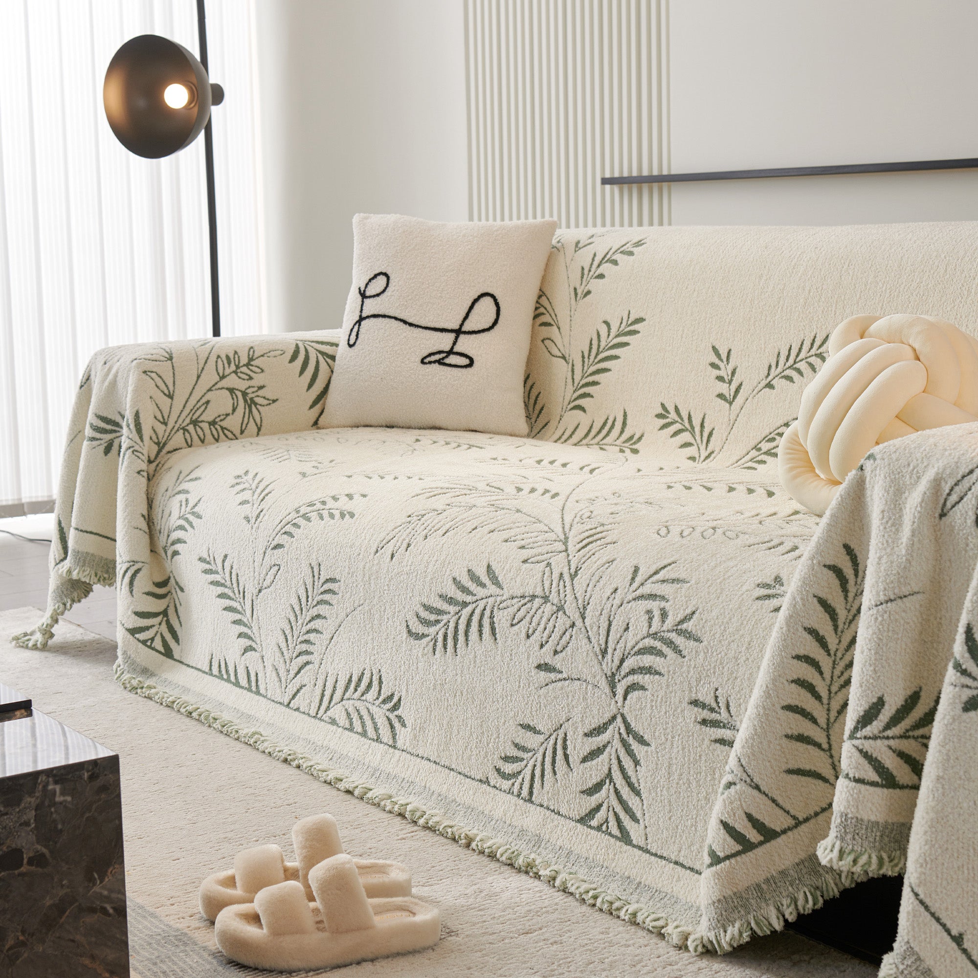 Winter Botanical Chenille Sofa Cover with Soft Woven Texture
