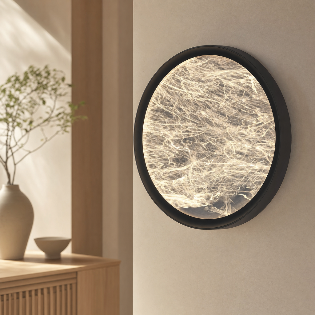 Moon ceiling light glowing warm in a cozy living room