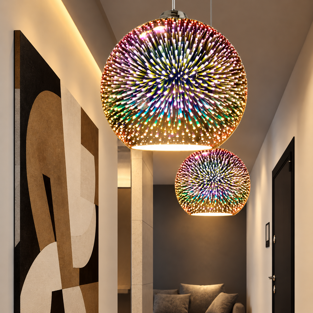 Two 3D fireworks pendant lights in a hallway