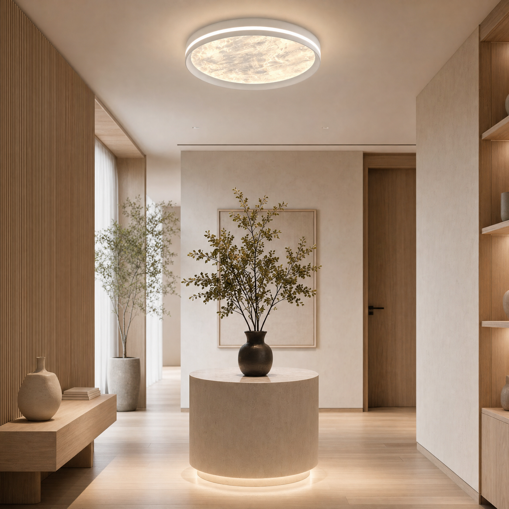 Moon ceiling light illuminating a bedroom at night