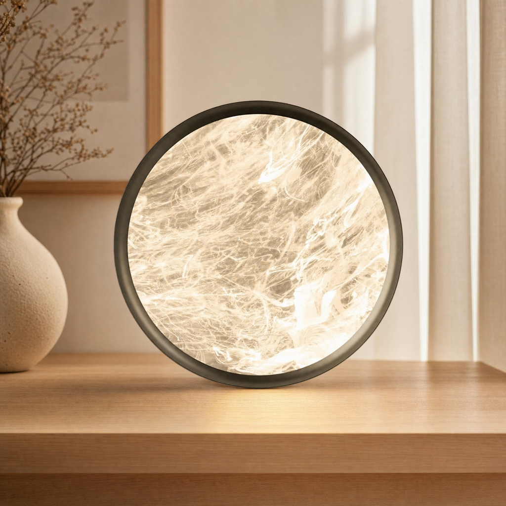 White moon ceiling light in a Scandinavian living room